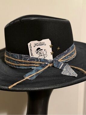 Black Fedora with Blue Paisley Band and Joker Card Accent